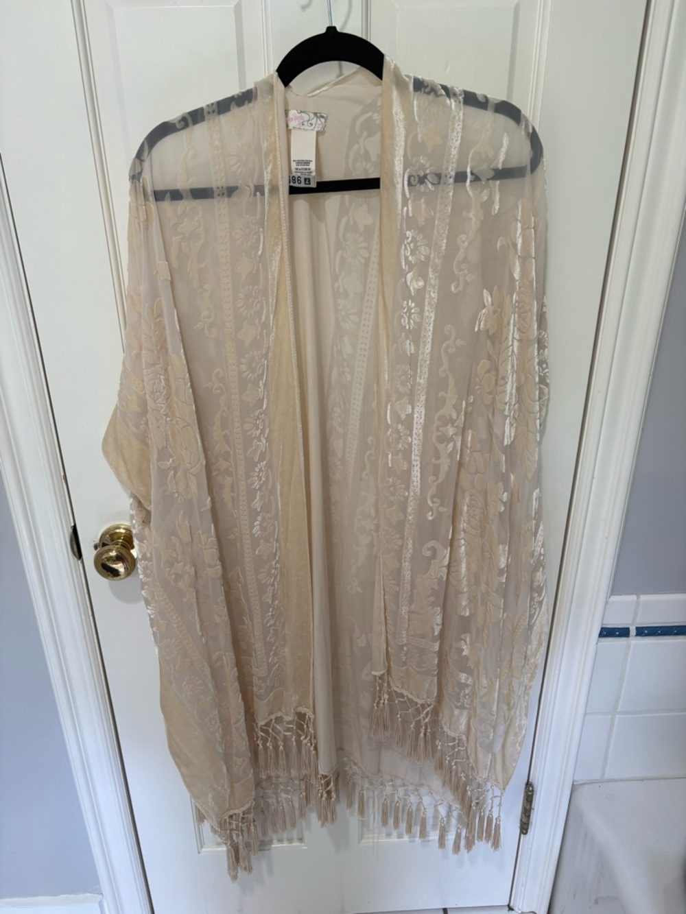 Free People Sheer Embroidered Fringe Kimono - Soft Beige O/S